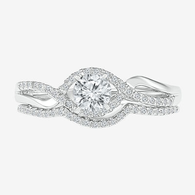Womens 1/2 CT. T.W. Natural White Diamond 10K White Gold Round Side Stone Crossover Bridal Set