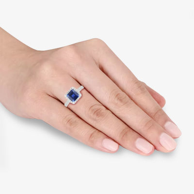 Yes, Please! Womens Lab Created Blue Sapphire Sterling Silver Cushion Halo Cocktail Ring