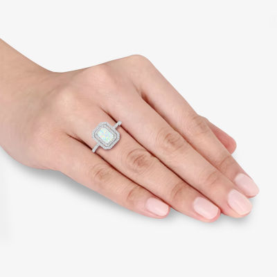 Yes, Please! Womens Lab Created White Opal Sterling Silver Halo Side Stone Cocktail Ring