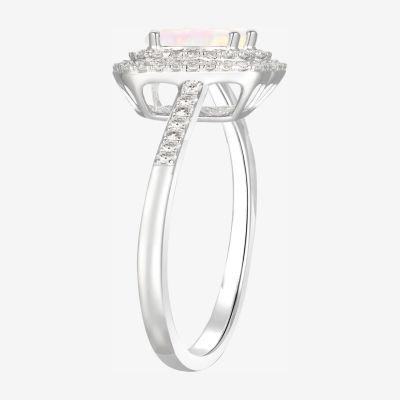 Yes, Please! Womens Lab Created White Opal Sterling Silver Halo Side Stone Cocktail Ring