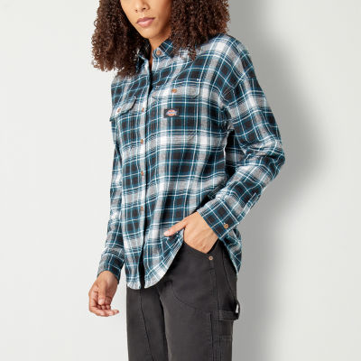 Dickies Juniors Womens Long Sleeve Loose Fit Button-Down Shirt