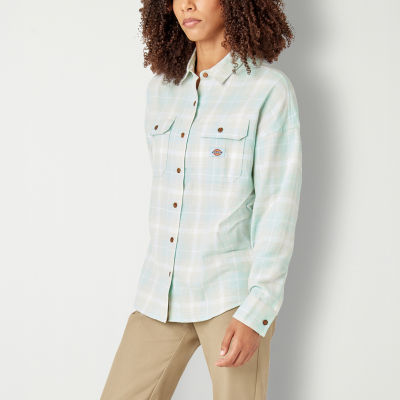 Dickies Juniors Womens Long Sleeve Loose Fit Button-Down Shirt