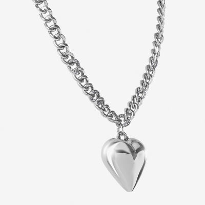 JS Jessica Simpson Silver Tone 16 Inch Curb Heart Pendant Necklace