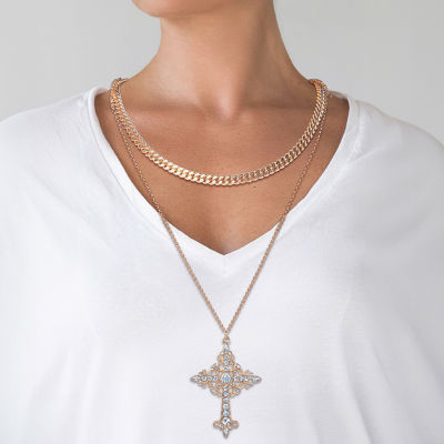 JS Jessica Simpson Gold Tone Glass 16 Inch Fashion Cross Strand Necklace