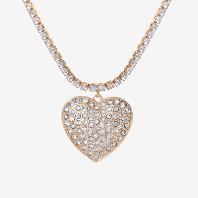 JS Jessica Simpson Gold Tone Womens Glass Alloy Heart 15 Inch Pendant Necklace