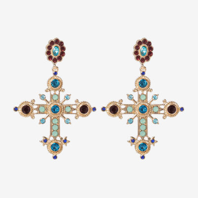 JS Jessica Simpson Gold Tone Glass Cross Drop Earrings