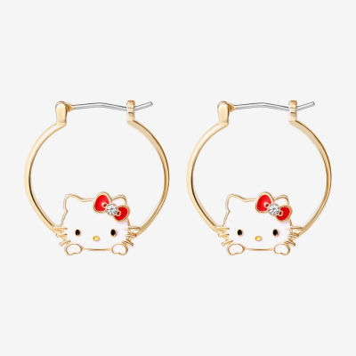 Crystal 18K Gold Over Brass Bow Hello Kitty Hoop Earrings