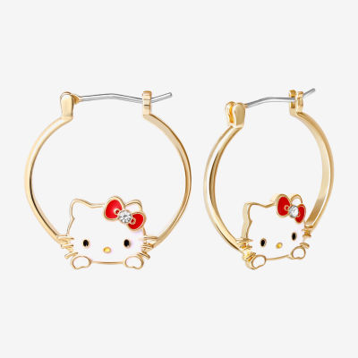 Crystal 18K Gold Over Brass Bow Hello Kitty Hoop Earrings