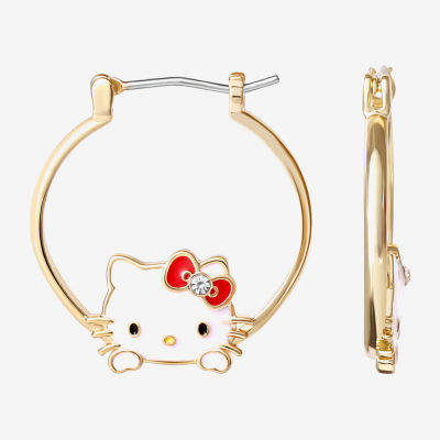 Crystal 18K Gold Over Brass Bow Hello Kitty Hoop Earrings