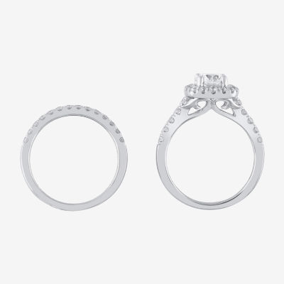 Womens 2 CT. T.W. Lab Grown White Diamond 10K White Gold Side Stone Halo Bridal Set