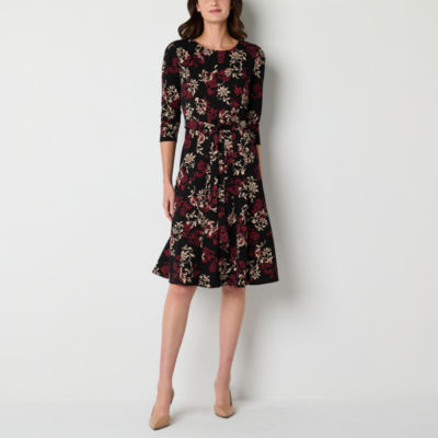 Perceptions Womens 3/4 Sleeve Scroll Fit + Flare Dress