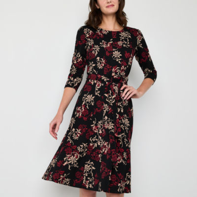 Perceptions Womens 3/4 Sleeve Scroll Fit + Flare Dress