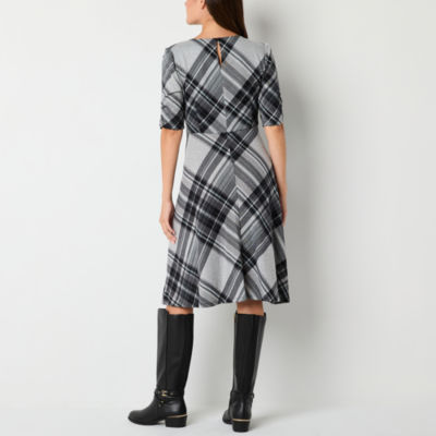 R & K Originals Plaid Womens 3/4 Sleeve Fit + Flare Dress