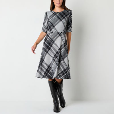 R & K Originals Plaid Womens 3/4 Sleeve Fit + Flare Dress