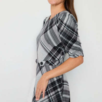 R & K Originals Plaid Womens 3/4 Sleeve Fit + Flare Dress