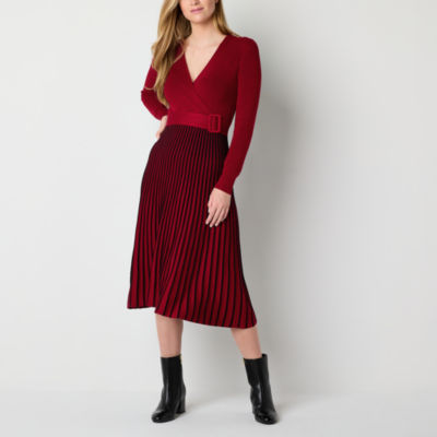 Robbie Bee Womens Petite Belted Long Sleeve Midi Sweater Dress