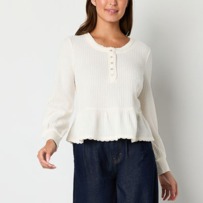 Frye and Co. Waffle Womens Crew Neck Long Sleeve Peplum Top