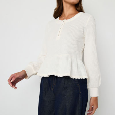 Frye and Co. Waffle Womens Split Crew Neck Long Sleeve Peplum Top