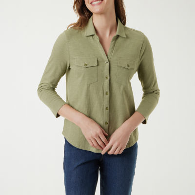 Gloria Vanderbilt Womens 3/4 Sleeve Regular Fit Button-Down Shirt