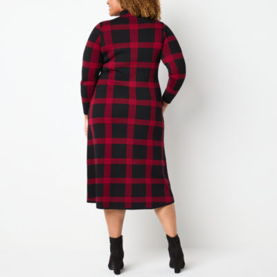 Danny & Nicole Womens Long Sleeve Windowpane Midi Sweater Dress Plus