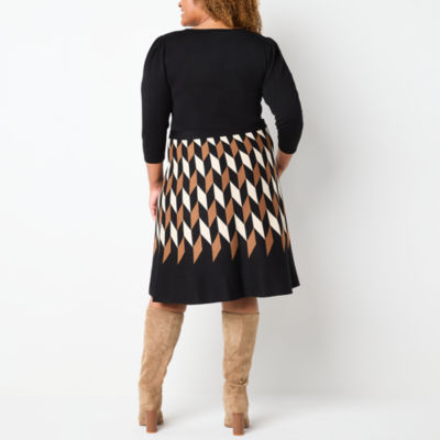 Danny & Nicole Womens 3/4 Sleeve Belted Geometric Sweater Dress Plus