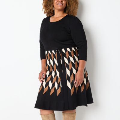 Danny & Nicole Womens 3/4 Sleeve Belted Geometric Sweater Dress Plus