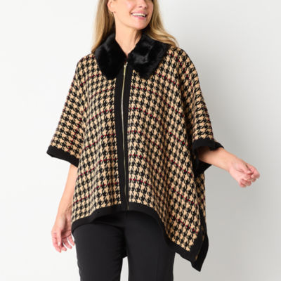 Black Label by Evan-Picone Houndstooth Womens 3/4 Sleeve Zipper Cardigan
