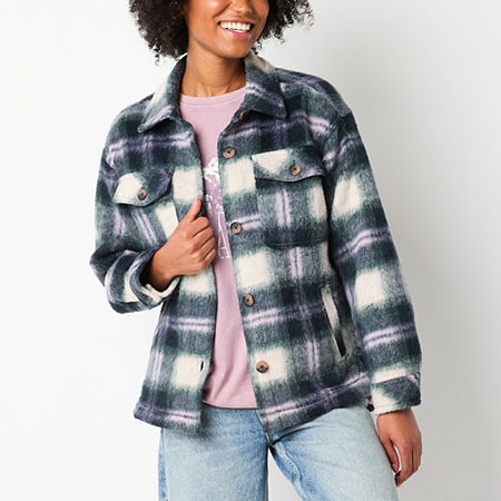 Arizona Plaid Shacket Midweight Womens Juniors Shirt Jacket, Medium, Blue