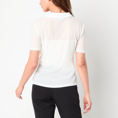 Worthington Womens Y Neck Short Sleeve Rib Polo Shirt