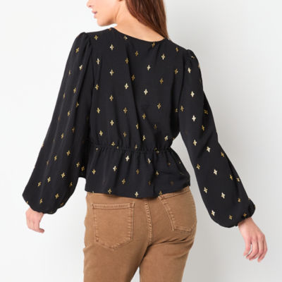 a.n.a Womens V Neck Shine Long Sleeve Blouse