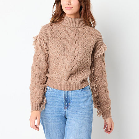 a.n.a Womens Mock Neck Long Sleeve Cable Knit Fringe Pullover Sweater, Petite Large, Brown