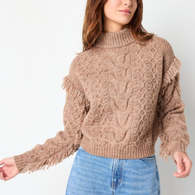 a.n.a Womens Mock Neck Long Sleeve Cable Knit Fringe Pullover Sweater