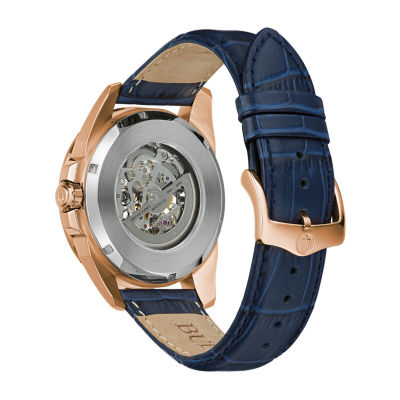 Bulova Classic Mens Automatic Blue Leather Strap Watch 97a161 