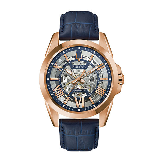 Bulova Classic Mens Automatic Blue Leather Bracelet Watch 97a161