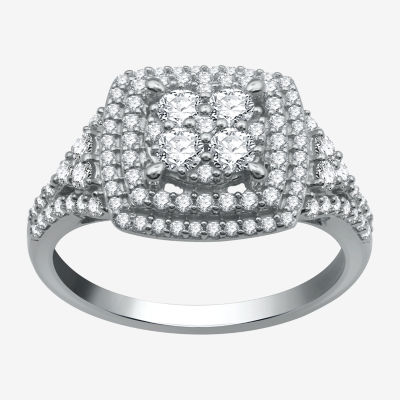 Diamond Blossom Womens 1 CT. T.W. Natural Diamond 10K White Gold Halo Cocktail Ring
