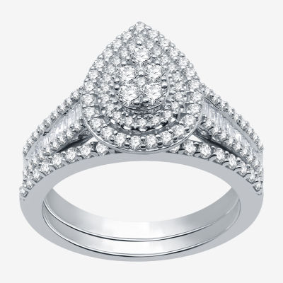 I Said Yes (H-I / I1) Womens 1 CT. T.W. Lab Grown White Diamond Sterling Silver or 14K Gold Over Silver Pear Side Stone Halo Bridal Set