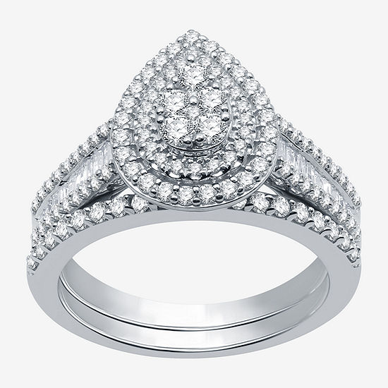 I Said Yes I Said Yes Womens 1 CT. T.W. Lab Grown White Diamond Sterling Silver Pear Side Stone Halo Bridal Set