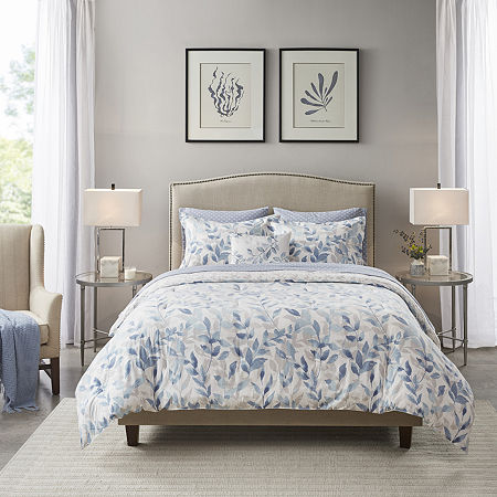 Madison Park Essentials Thelma Trees + Leaves Reversible Complete Bedding Set With Sheets, One Size, Blue