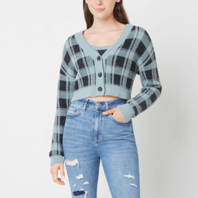 Arizona Womens V Neck Long Sleeve Plaid Sweater Set Juniors, Color: Black  Blue - JCPenney