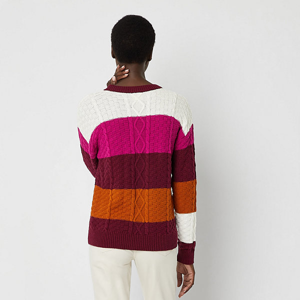St. John's Bay Womens Split Crew Neck Long Sleeve Striped Pullover Sweater