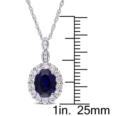Womens Diamond Accent Lab Created Blue Sapphire 14K White Gold Oval 17 Inch Pendant Necklace