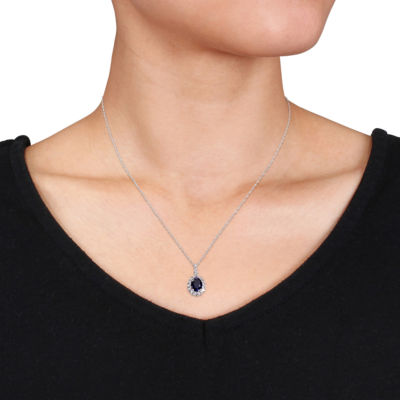 Womens Diamond Accent Lab Created Blue Sapphire 14K White Gold Oval 17 Inch Pendant Necklace