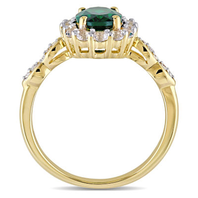 Womens Diamond Accent Lab Created Emerald 14K Gold Cocktail Ring