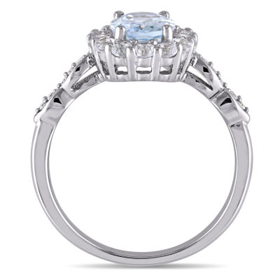 Womens Diamond Accent Genuine Blue Aquamarine 14K Gold Cocktail Ring