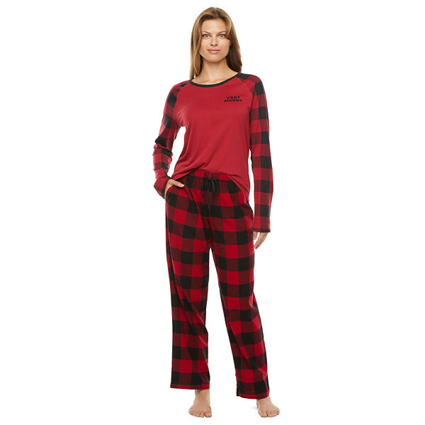 North Pole Trading Co. Red Buffalo Womens Crew Neck Long Sleeve 2-pc. Pant Pajama Set