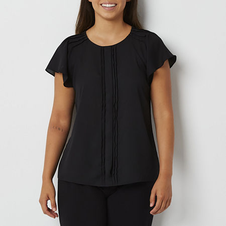 Worthington Petite Womens Round Neck Short Sleeve Blouse, Petite Xx-large, Black