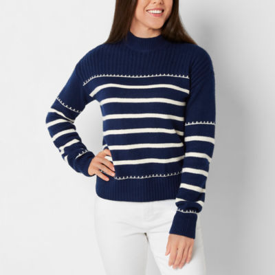 St. John's Bay Womens Funnel Neck Long Sleeve Striped Pullover Sweater