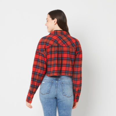 Arizona Juniors Womens Long Sleeve Boxy Fit Button-Down Shirt