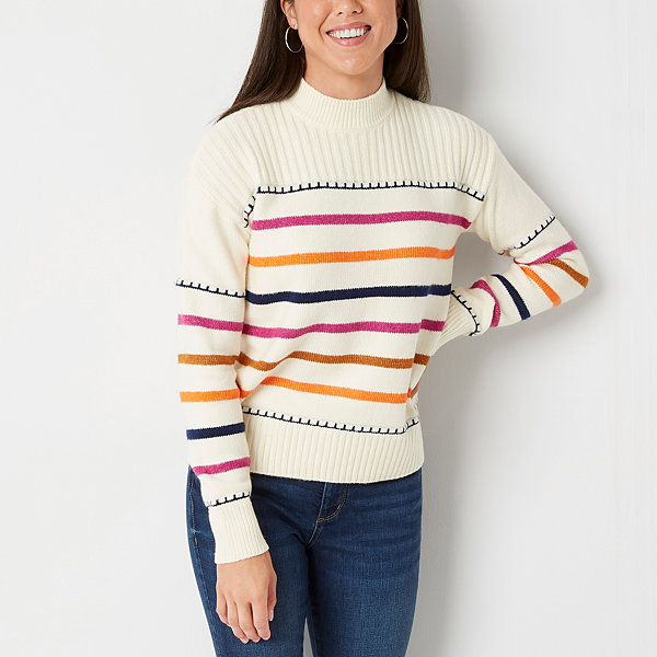 St. John's Bay Womens Funnel Neck Long Sleeve Striped Pullover Sweater