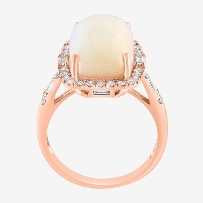 Effy Final Call Womens Genuine White Opal & 1/2 CT. T.W. Diamond 14K Rose Gold Cushion Halo Side Stone Cocktail Ring
